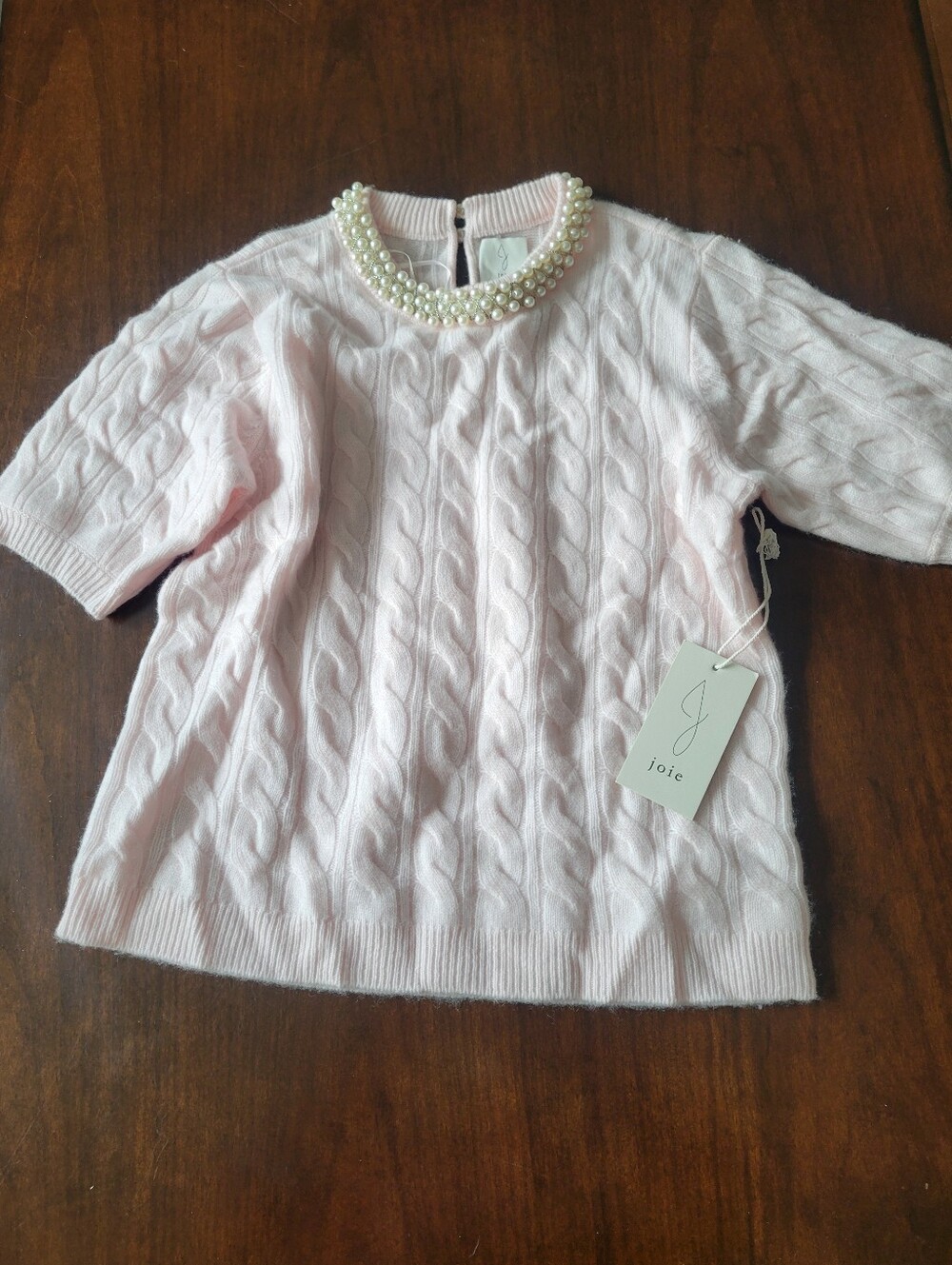 Joie Cashmere Pale Pink Pearl Collar Cable-Knit Short Sleeve Sweater Size Small